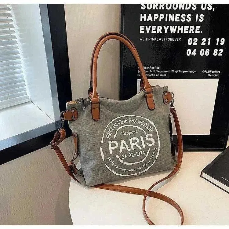 Retro Canvas Tote Bag | Vintage Paris Print Women's Crossbody - WCB008